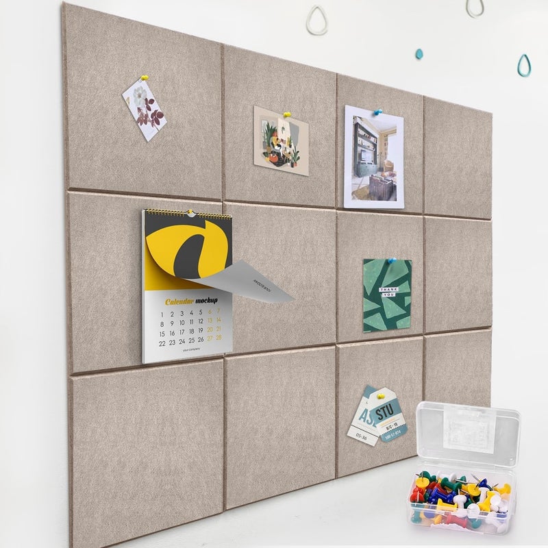 ZHIDIAN Felt Wall Tiles Bulletin Board with Removable Adhesive, 47"x35" Camel Cork Board Alternative with 40 Push Pins, 12 Pack Large Office Cork Tile Push Board Felt Squares for Walls - Image 1